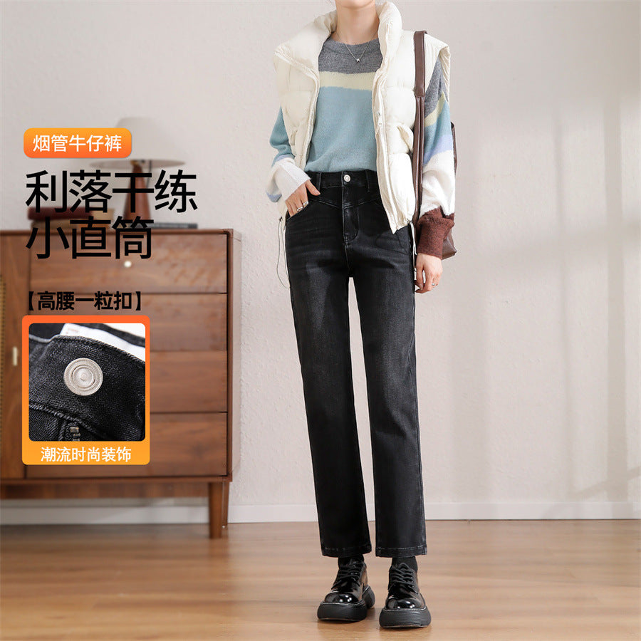 2025    Straight jeans women's new spring and autumn models blue high-waisted narrow version small pipe pants