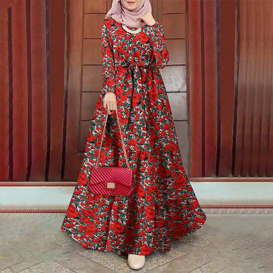 VLOVELAW New Cross-Border Retro Muslim Dress Printed Sundress Long Sleeve Robe Belt