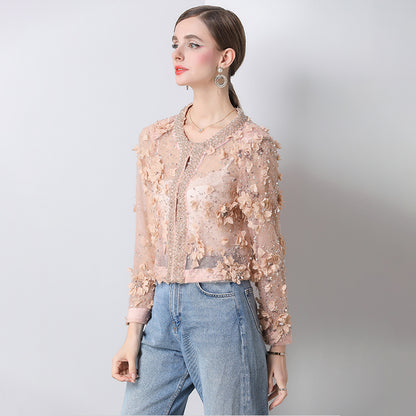 light luxury high-end heavy industry nail drill three-dimensional flower new Chinese Xiaoxiang short jacket sunscreen shirt top women