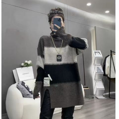 VLOVELAW Real shot striped color matching turtleneck pit strip sweater women's autumn and winter new loose lazy thickened split bottom knitted sweater