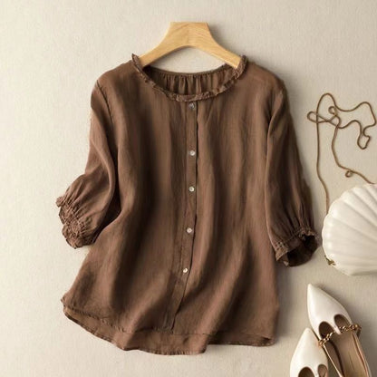 VLOVELAW Three-Quarter Sleeve Western Style Slimming Shirt  Summer Mother's Breathable Cotton and Linen Top Wine Red Pullover Shirt Women's