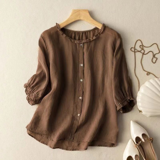 VLOVELAW Three-Quarter Sleeve Western Style Slimming Shirt  Summer Mother's Breathable Cotton and Linen Top Wine Red Pullover Shirt Women's