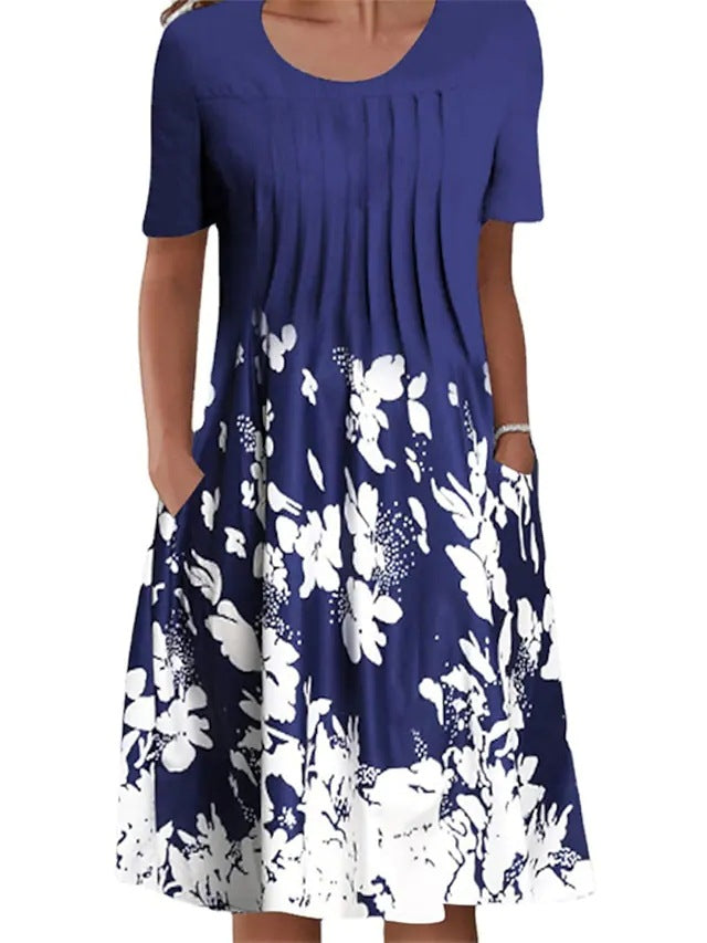 VLOVELAW Cross-Border Foreign Trade    Wish Spring/Summer Floral Print round Neck Pullover Mid-Length Dress Women