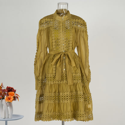 women's clothing  long-sleeved shirt skirt spring and autumn women's single-breasted water-soluble lace embroidered hollow dress
