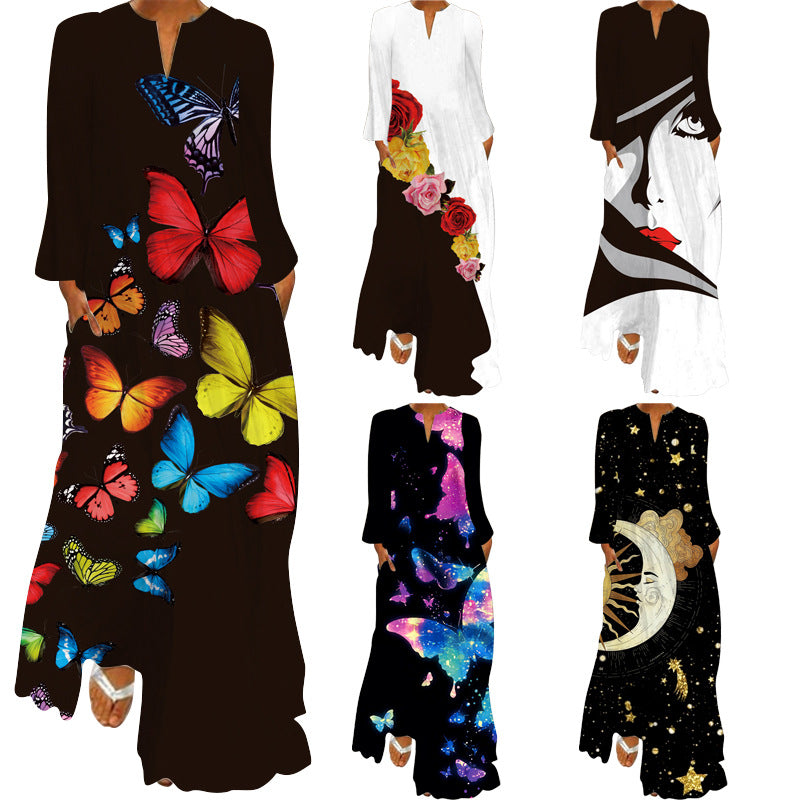 VLOVELAW European American Summer New Women Vintage Butterfly Print Long Dress V-neck Long Sleeve Pocket Summer Dress