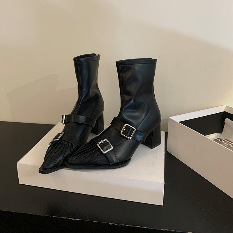 popular autumn and winter new belt buckle pointed high heel short boots women's metal buckle thick heel fashion medium heel short thin boots