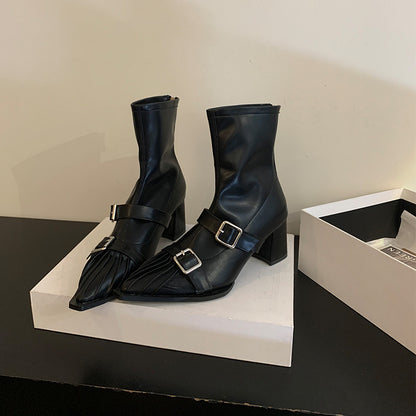 popular autumn and winter new belt buckle pointed high heel short boots women's metal buckle thick heel fashion medium heel short thin boots