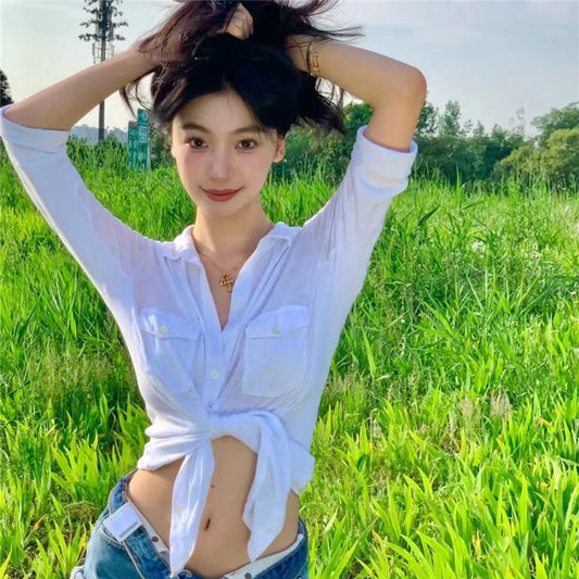 VLOVELAW Cross Border Independent Station Ins Summer New Product Women's Clothes Sweet Fashion Sexy Lapel Breasted Solid Color Shirt for Women