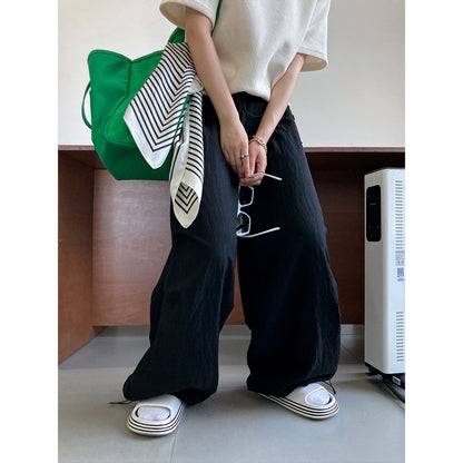 Luxi Japanese lazy casual pants drawstring elastic high waist loose silhouette thin tooling wind wide leg pants women 1620