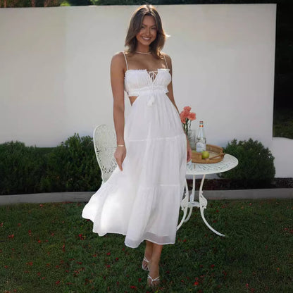 VLOVELAW Summer New Women's Cross-Border European and American Temperament Camisole Sexy Cutout Long Dress Backless Stitching Large Swing Dress