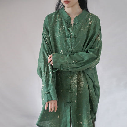 retro art splash ink printing linen Chinese loose coat, Guochao placket silhouette shirt S22293
