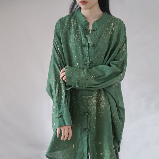 retro art splash ink printing linen Chinese loose coat, Guochao placket silhouette shirt S22293