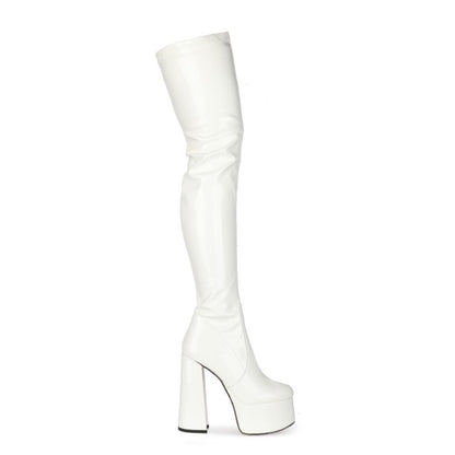 Cross-Border Foreign Trade Fashion New Chunky Heel Waterproof Platform Patent Leather round Toe High Heel White over-the-Knee Boots plus Size Women's Boots 45