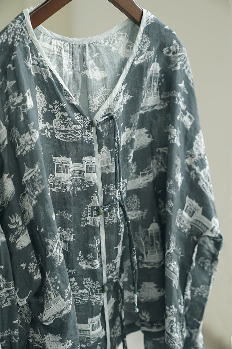 retro pair ramie printed shirt, casual age-reducing lantern sleeve cardigan sunshade S22207