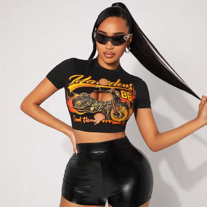 summer  New new personalized street spice girl wind hole printing fashion women's top T-shirt