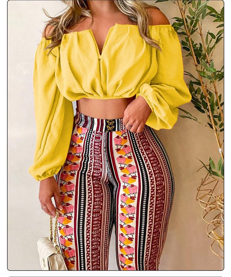 VLOVELAW European and American   Summer New off-Neck Women's Clothing  Sexy Print Pants Top Suit