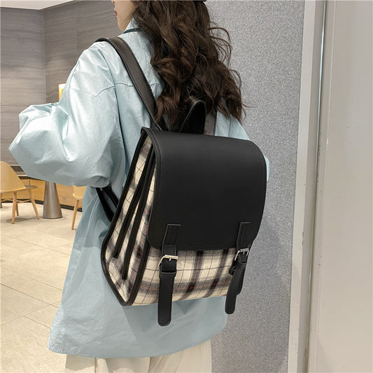 Japanese Campus Multi-Compartment Student Schoolbag Large Capacity Flip Women's Backpack Trendy Preppy Style Checked Backpack Women