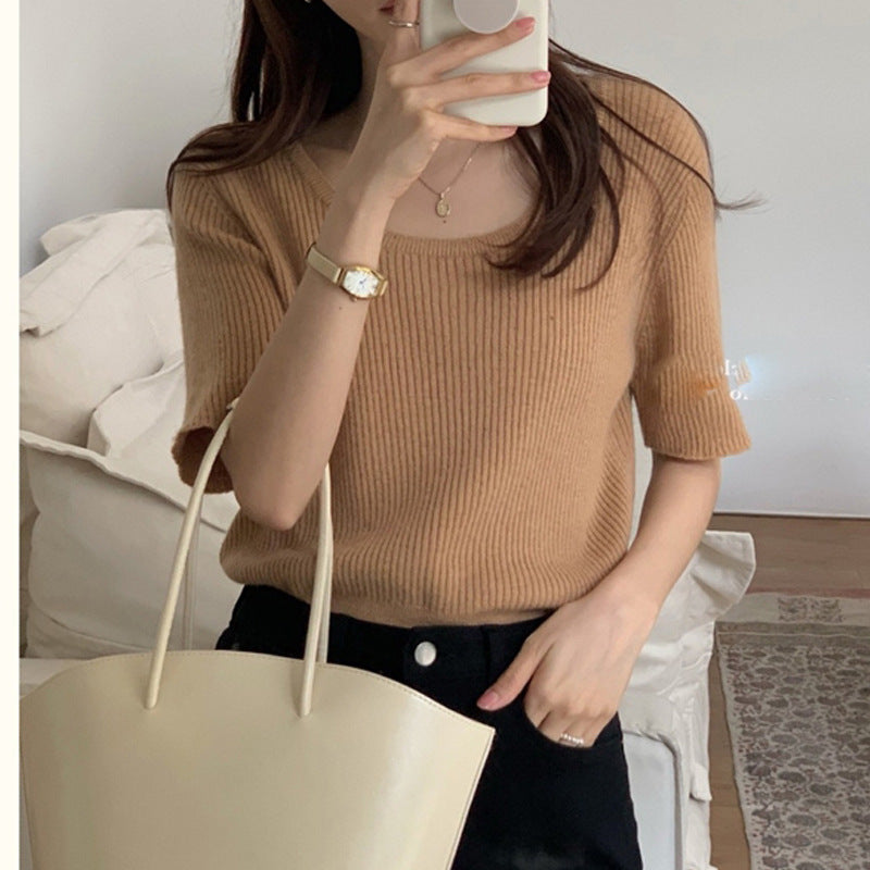 VLOVELAW Big Neckline Loose Linen Short-Sleeved T-shirt for Women Summer New off-Shoulder Korean Style round Neck Knitted Top for Women Gentle