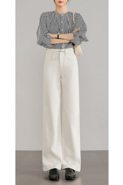 2025  High-quality imported fabric white straight jeans women's small high waist comfortable and thin straight wide-leg pants