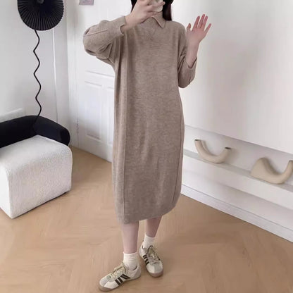VLOVELAW Autumn and winter new polo collar pullover sweater bottoming skirt solid color long knee lazy loose knitted dress women