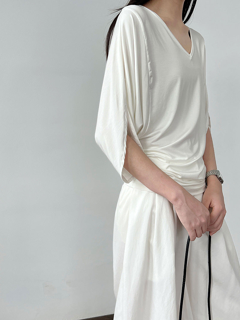Luxi, Korean lazy style V-neck waist bat sleeve T-shirt women's summer new slim short-sleeved top 2697