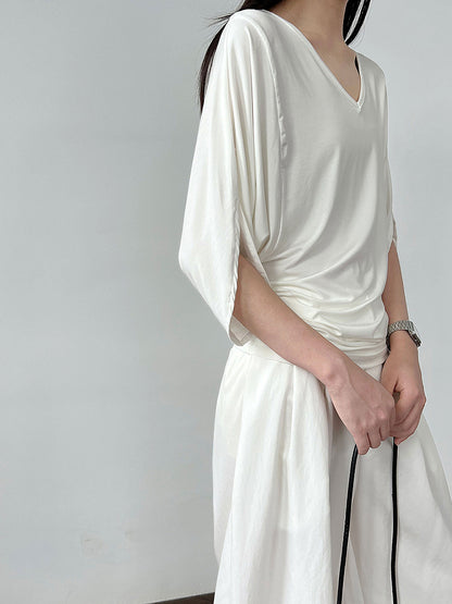 Luxi, Korean lazy style V-neck waist bat sleeve T-shirt women's summer new slim short-sleeved top 2697