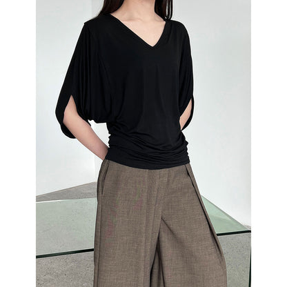 Luxi, Korean lazy style V-neck waist bat sleeve T-shirt women's summer new slim short-sleeved top 2697