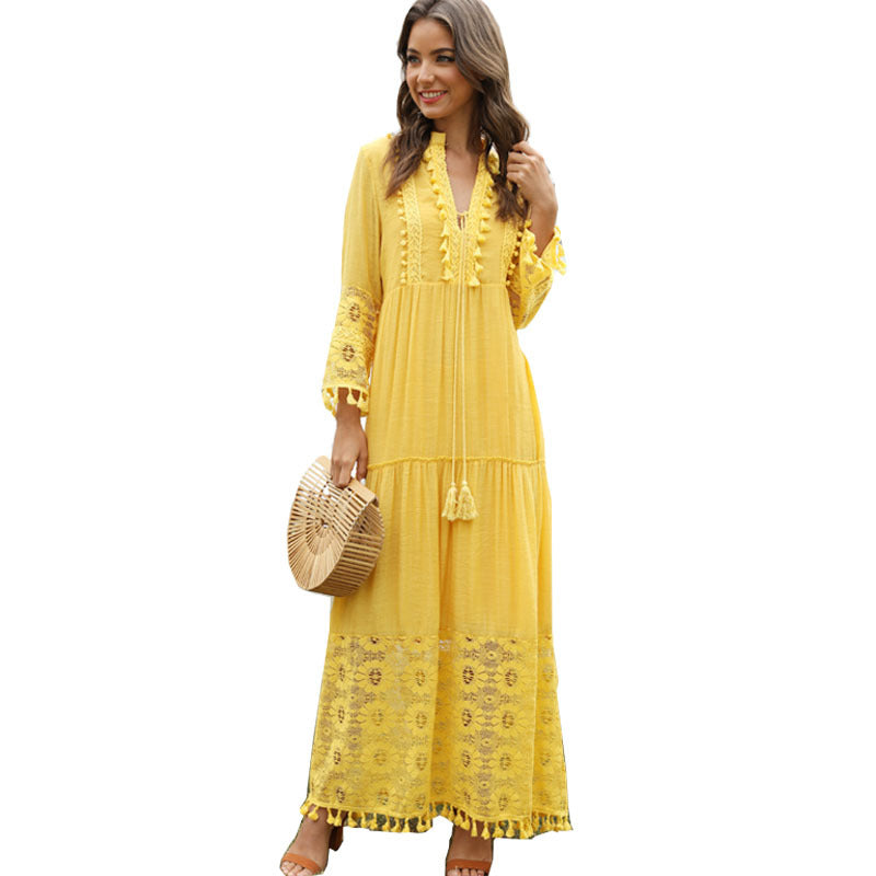 VLOVELAW Spring and Summer European and American Long Dress Bohemian Style V-neck Lace Tassel Stitching Beach Vacation Temperament Dress