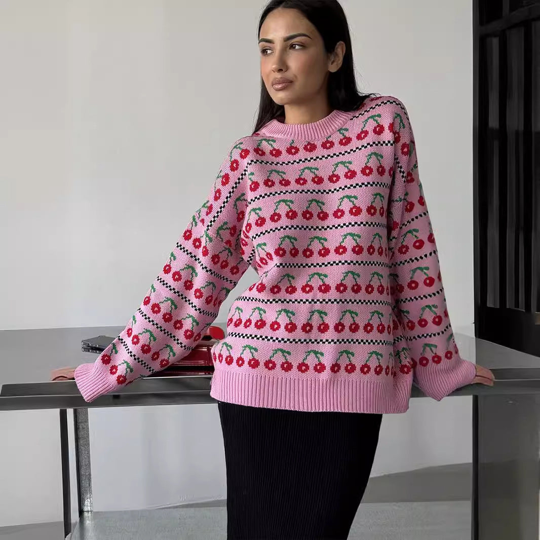 KKBOXLY Cross-border crew neck cherry sweater 2025 New autumn new medium and long retro knitted cherry crew neck sweater