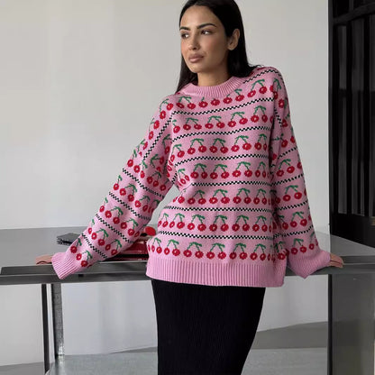 KKBOXLY Cross-border crew neck cherry sweater 2025 New autumn new medium and long retro knitted cherry crew neck sweater