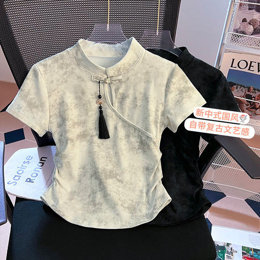 VLOVELAW Retro National Style New Chinese Style Frog Button Short Sleeve T-shirt Women's Summer  New Pleated Waist Tight Short Tie-Dyed Top