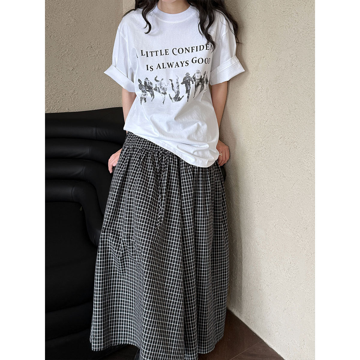 Luxi, plaid splicing skirt women's summer new elastic waist A-shaped skirt, large pendulum umbrella skirt, medium and long skirt 1875