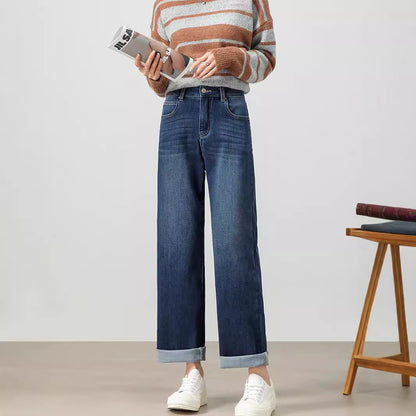 2025  Pure cotton spring and autumn high waist and thin retro jeans women's casual versatile straight-leg pants trousers women