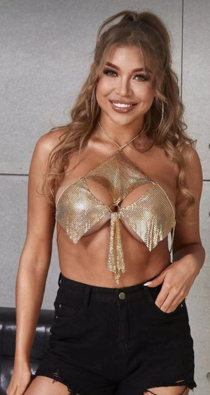 2025  120123 2025 hot-selling vest rhinestone inlaid diamond cloth ring metal chain connected neck chest top vest