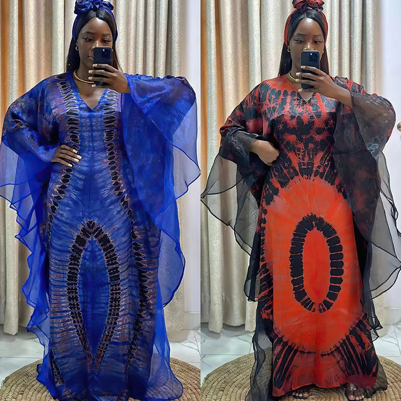 VLOVELAW Cross-Border European and American Women's Clothing African Middle East Ethnic Style Retro Long Gown Mesh Printed Tape Headscarf Dress 9004