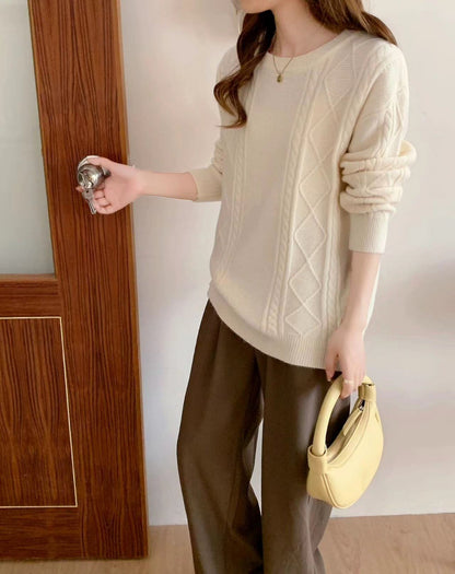 VLOVELAW New autumn and winter new women's clothing loose round neck pullover sweater women's rhombus lazy wind long-sleeved knitted sweater women's top