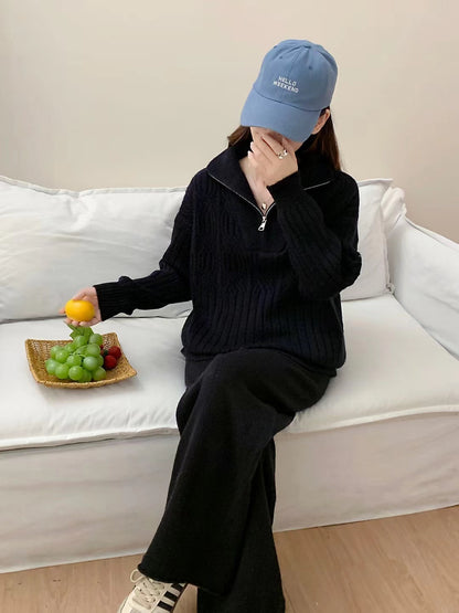 VLOVELAW Fashion high-end sweater set for women's autumn and winter lazy style zipper stand-up neck knitted sweater high-waisted wide-leg pants two-piece set