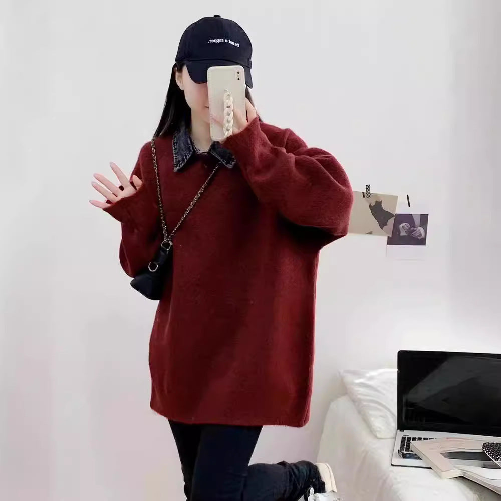 VLOVELAW Grey splicing denim collar fake two-piece sweater women's spring and autumn new versatile loose and thin pullover knitted sweater top