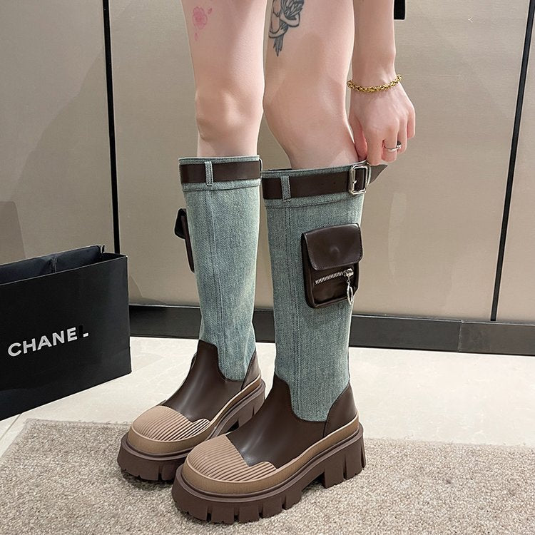 Coarse heel cowboy boots women's popular new western metal buckle versatile thick-soled round head mid-tube boots