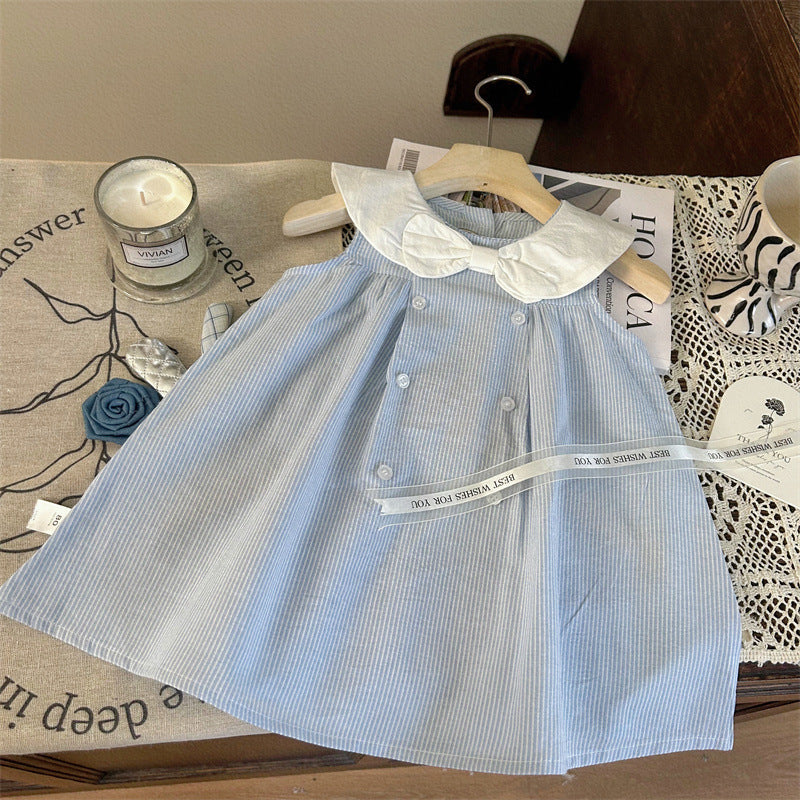 VLOVELAW South Korea Children's Clothing Dress  Summer New Girl's Western Style Back Girl's Sailor Collar Bow Princess Dress