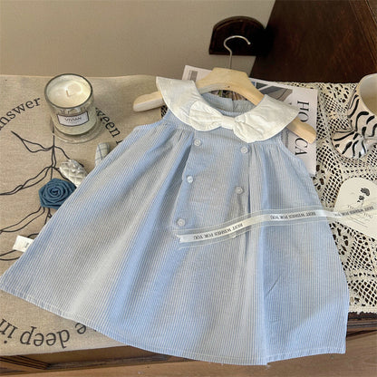 VLOVELAW South Korea Children's Clothing Dress  Summer New Girl's Western Style Back Girl's Sailor Collar Bow Princess Dress