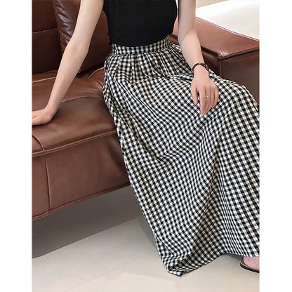 2025 Tachibana popular early autumn new black and white plaid half skirt loose and thin high waist A character temperament long skirt 1599