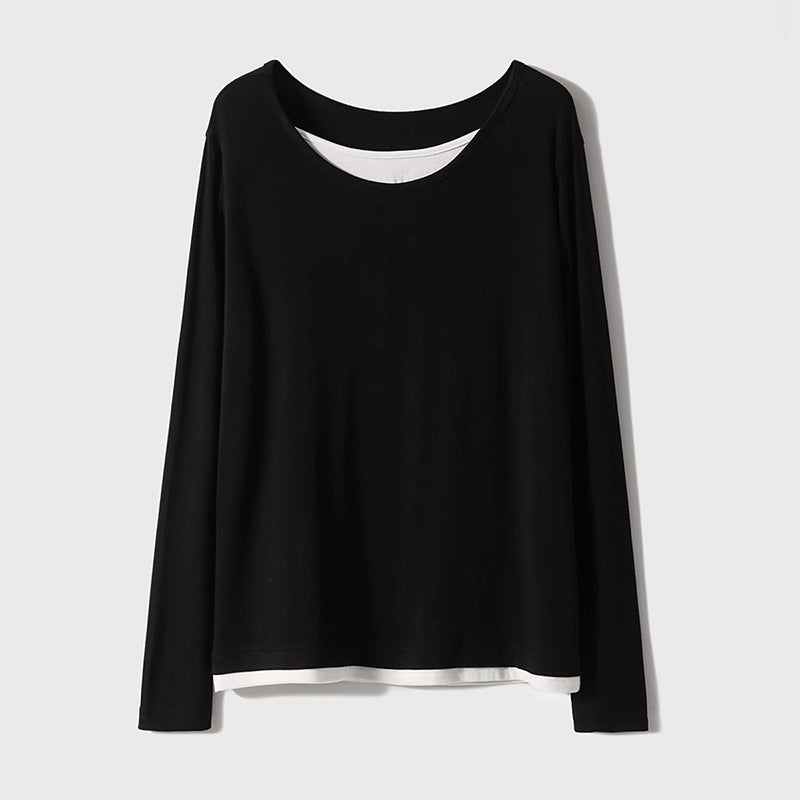 direct sales fake two-piece round neck long-sleeved T-shirt women's popular summer new casual simple splicing contrasting top