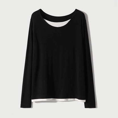 direct sales fake two-piece round neck long-sleeved T-shirt women's popular summer new casual simple splicing contrasting top