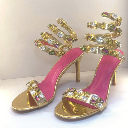 Factory Direct Supply Snakelike Winding Sandals Women's European and American Stiletto Open Toe Colorful Rhinestone Sexy Ankle Lace-up High Heels