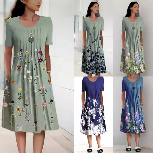 VLOVELAW Cross-Border Foreign Trade    Wish Spring/Summer Floral Print round Neck Pullover Mid-Length Dress Women