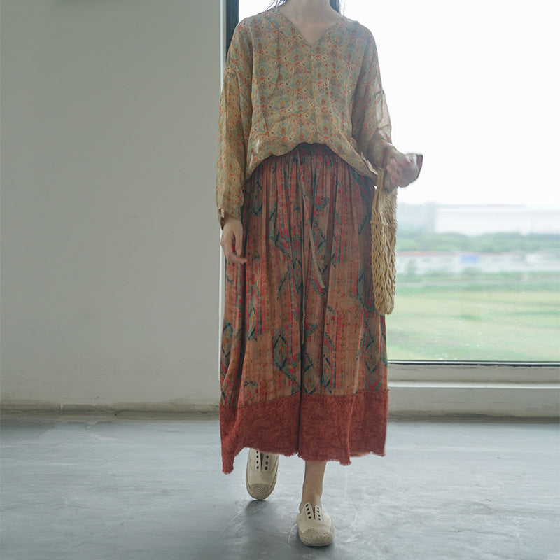 retro V-neck ramie pullover shirt, national style classical printing Song cool top S22208