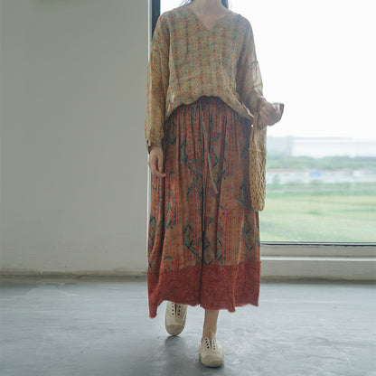 retro V-neck ramie pullover shirt, national style classical printing Song cool top S22208