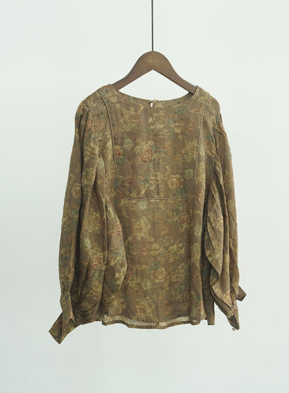 pastoral life ramie printed shirt, retro cool  bubble sleeve top S22276