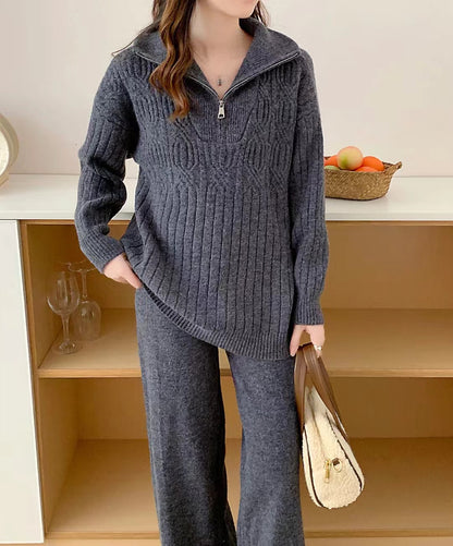 VLOVELAW Fashion high-end sweater set for women's autumn and winter lazy style zipper stand-up neck knitted sweater high-waisted wide-leg pants two-piece set